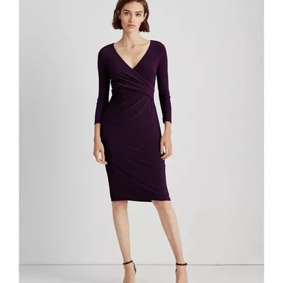 ralph lauren purple wrap dress Lauren Ralph Lauren NWT Blk Label Velvet Purple Faux Wrap Midi Dress Sz 6  or 10